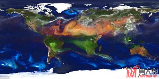 美国宇航局最新图像呈现地球大气层中的气雾，灰尘(红色部分)是从地球表面升起的；