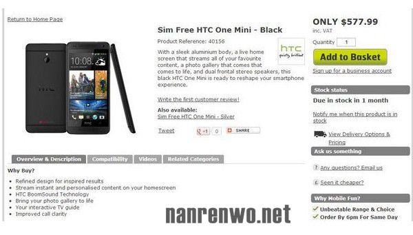HTC One mini 3550元英国开始预定