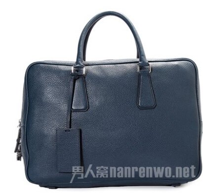 [优众正品]春夏新品普拉达Prada深蓝色荔枝纹牛皮带锁男士手提包