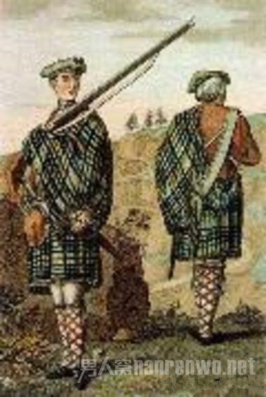 　　(1744年的苏格兰高地军人，肩上批着格纹呢料。每种格纹都有不同的含义，它可以表明你的身份。)